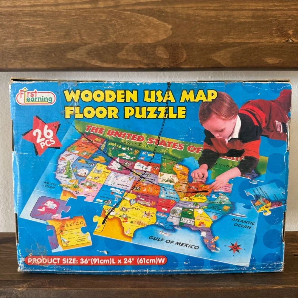 Vintage First Learning Wooden USA Map Floor Puzzle 26 Pcs 36x24 Complete OpenBox